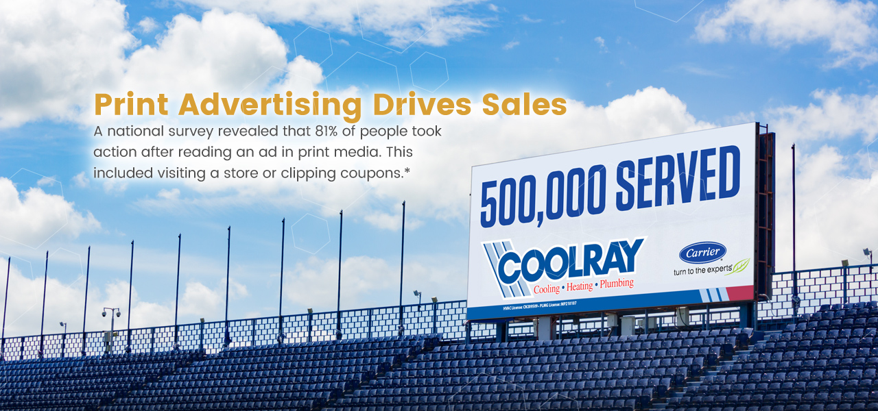 Print Advertising Banner of an outdoor billboard stating that print advertising drives sales
